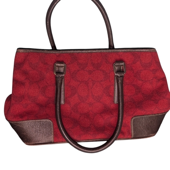 Vintage Coach • Signature Wool & Leather Tote Bag F1J-7723 Burgundy Oxblood Y2K - Picture 3 of 15